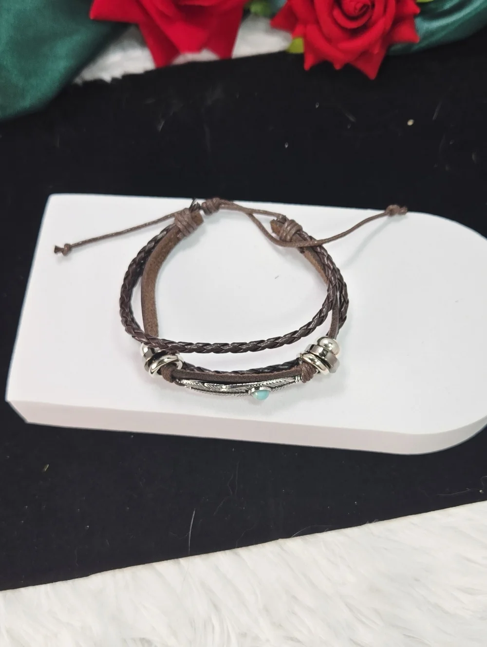 Men’s Leather Feather Bracelet Turquoise Stone Wrap Adjustable Boho Western